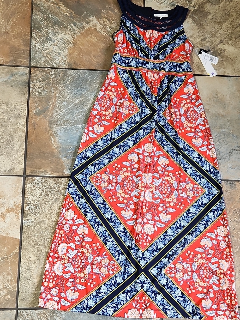 Studio One Coral Floral Maxi Dress with Navy Panels
